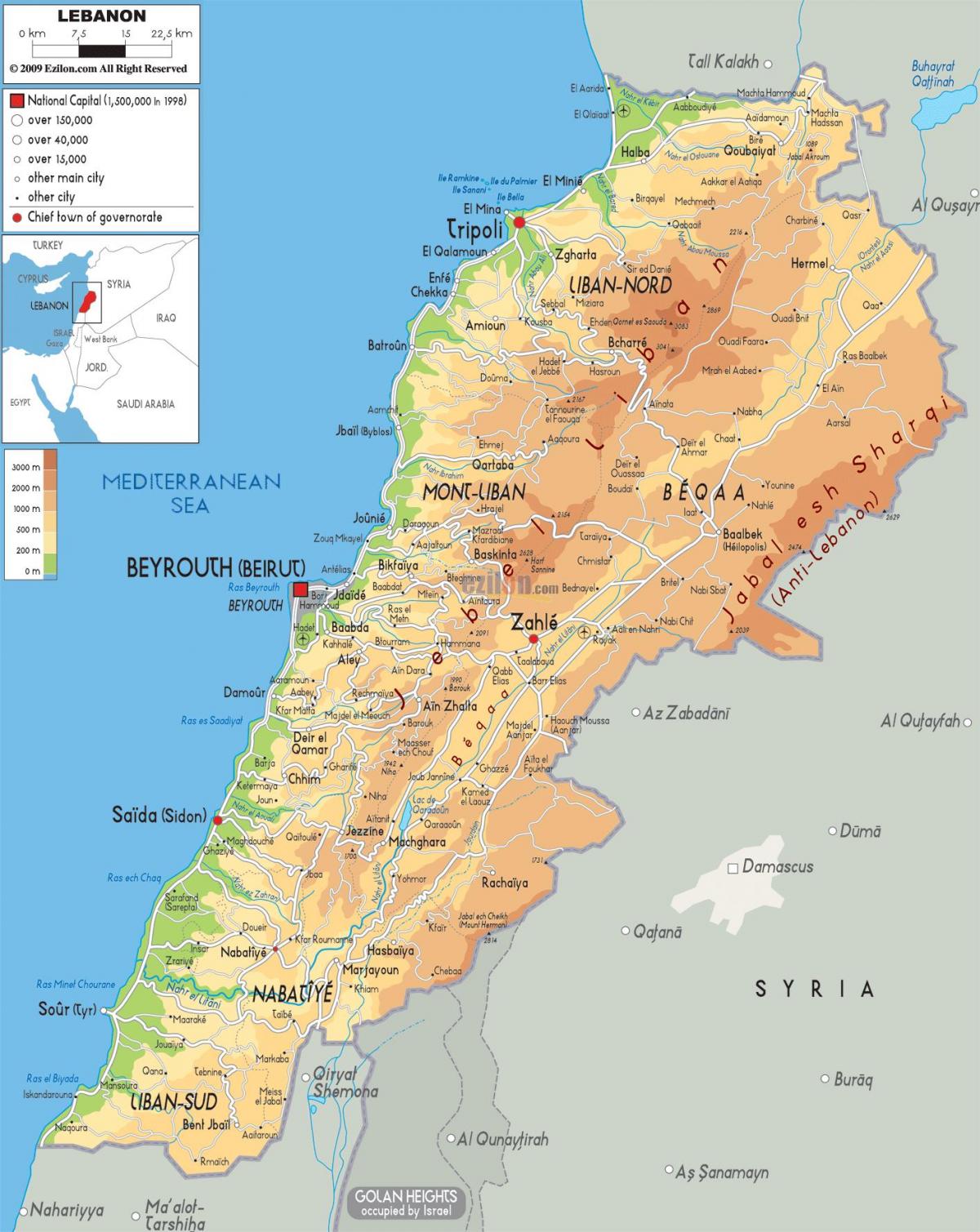 kart over Libanon fysisk