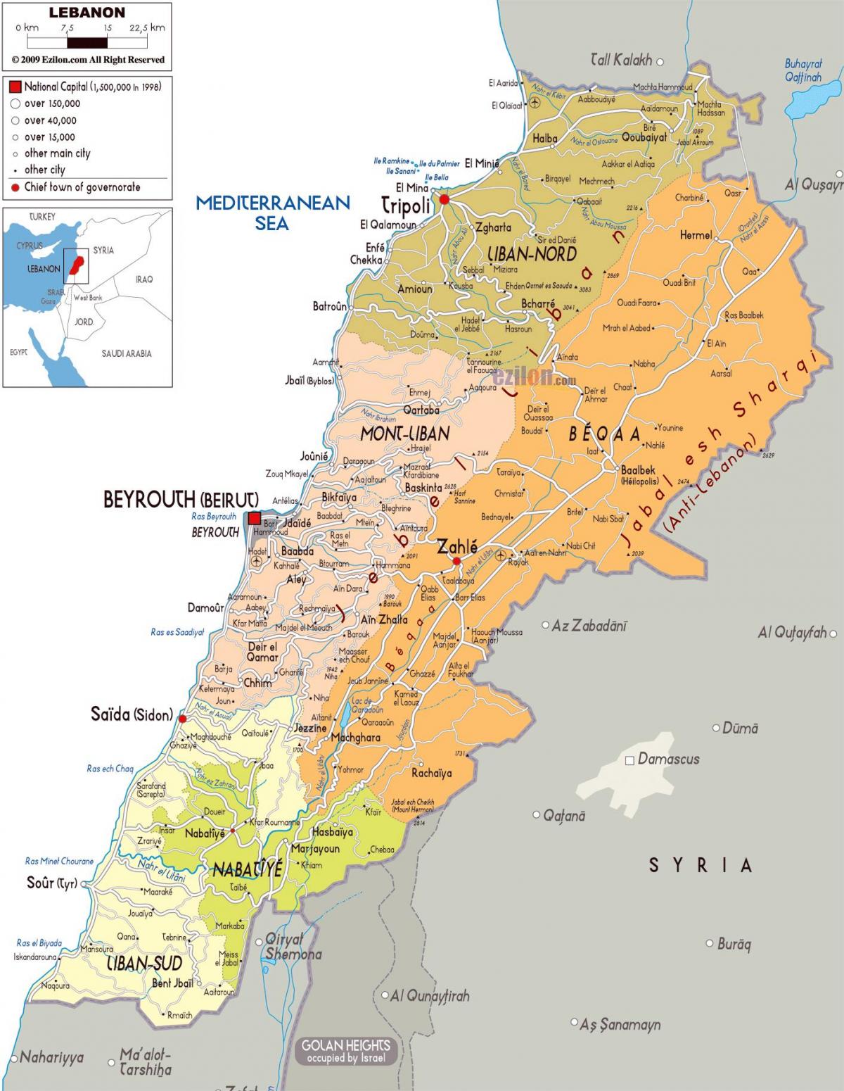 Libanon detaljert kart