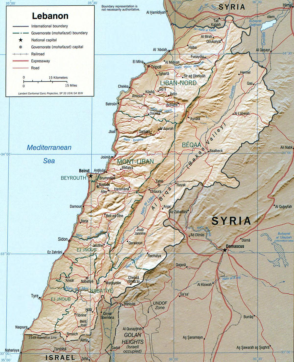 kart over Libanon geografi